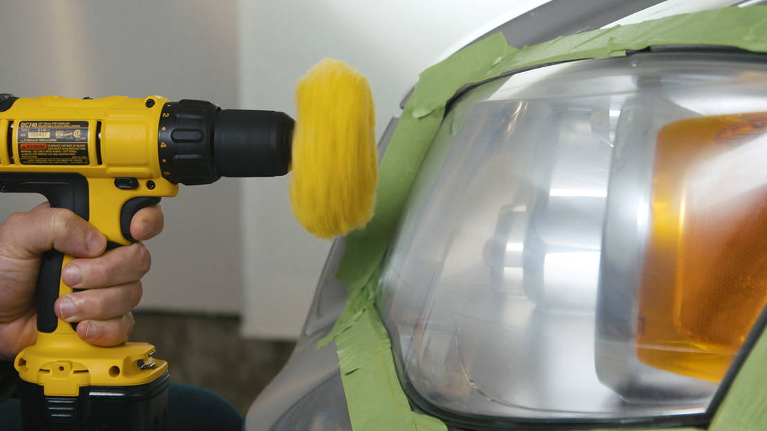 6.Buff the headlight with a drill and buffer attachment